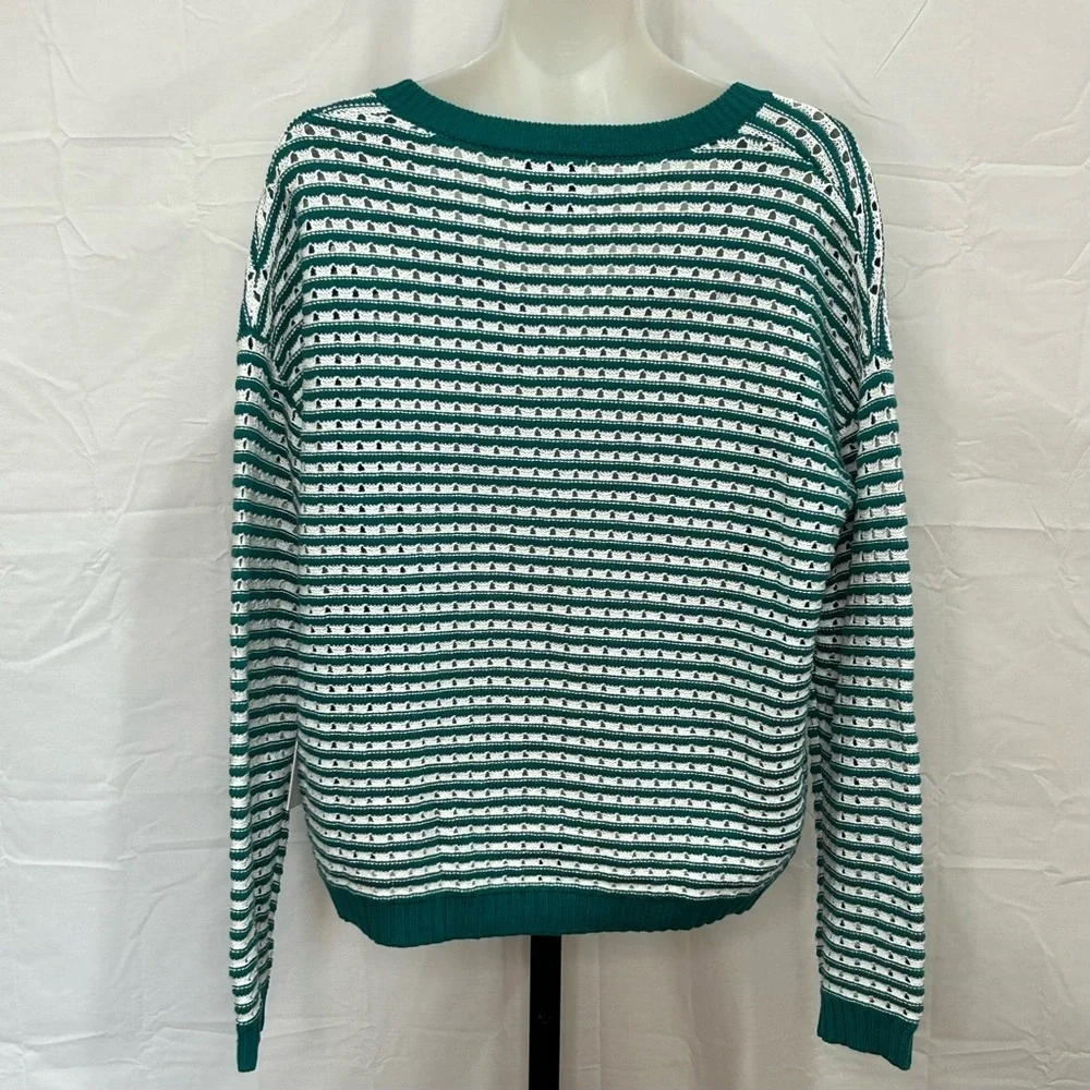 Stitches & Stripes Green and White V-Neck Sweater Size S-M NWT